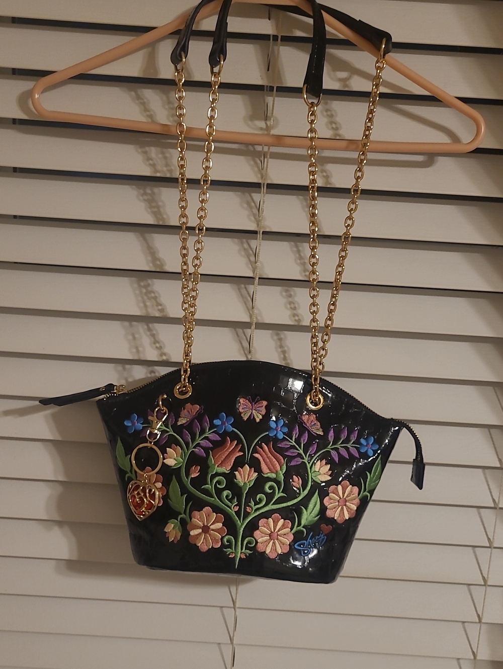 Black Floral Embroidered Patent Tote with Gold Chain Straps